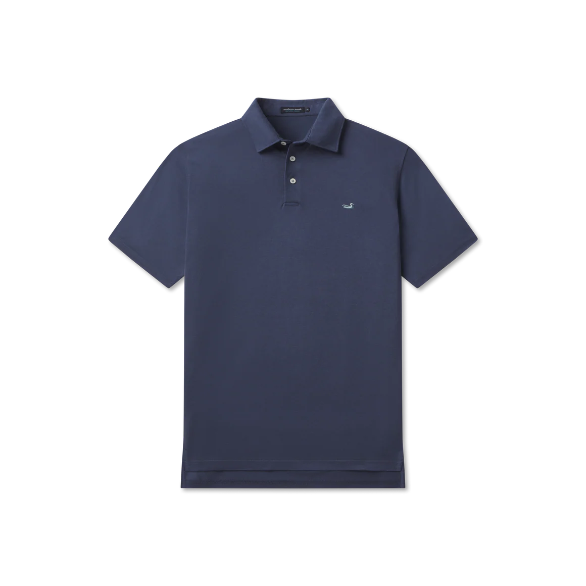 Navy blue short sleeve polo shirt with button placket and small embroidered logo
