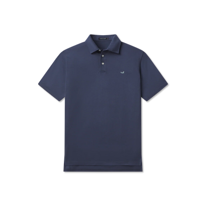 Navy blue short sleeve polo shirt with button placket and small embroidered logo