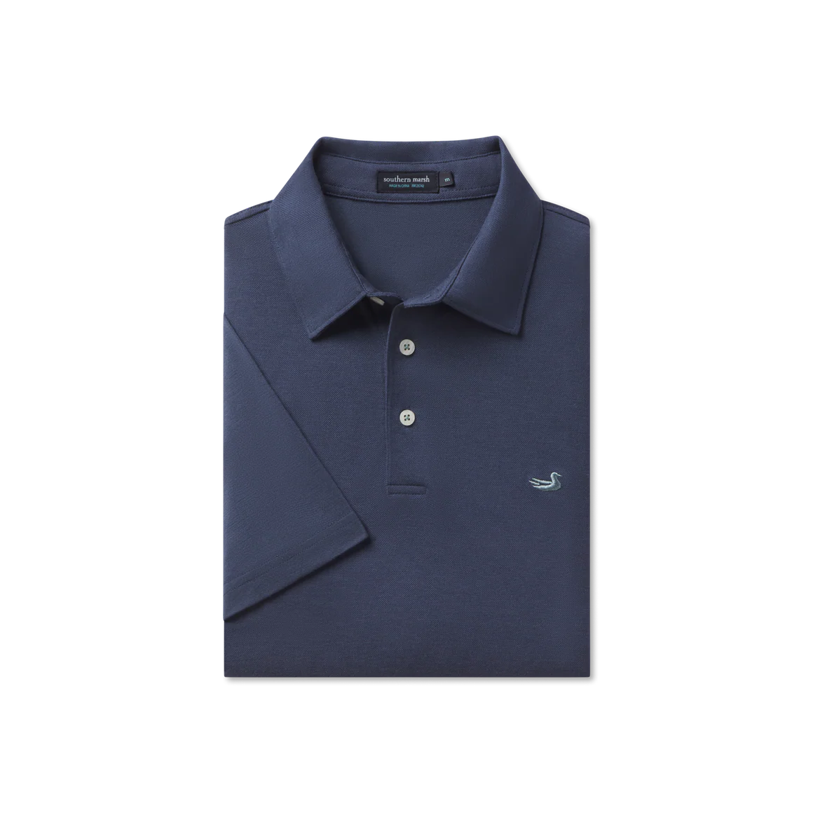 Navy blue men's polo shirt with short sleeves and embroidered duck logo on chest