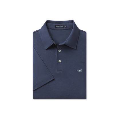 Navy blue men's polo shirt with short sleeves and embroidered duck logo on chest