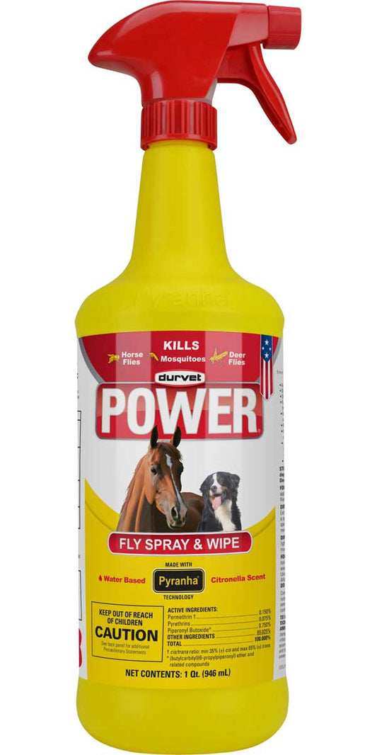 Yellow spray bottle of fly spray and wipe for horses and dogs, kills flies and mosquitoes