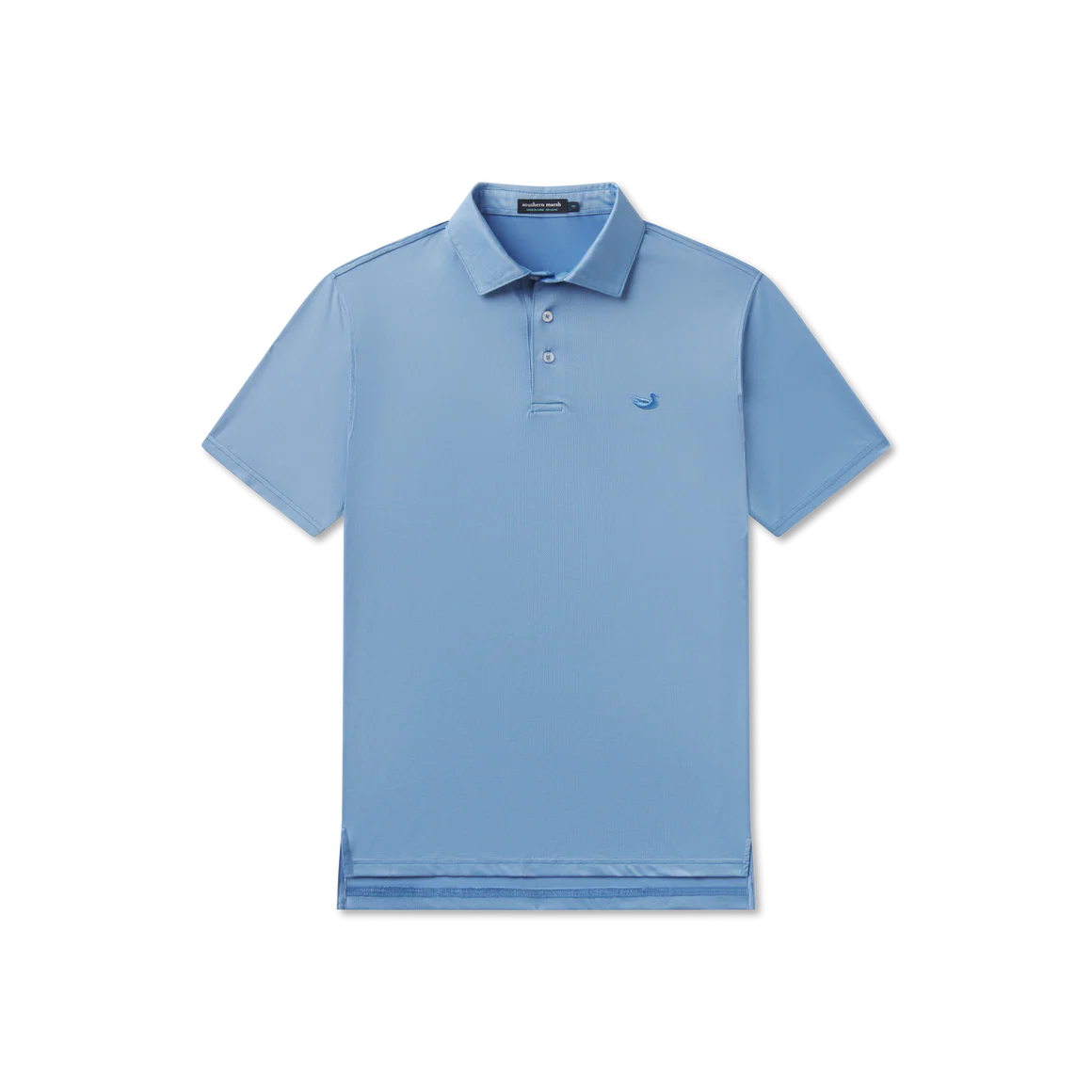 Light blue polo shirt with a brand logo on a white background