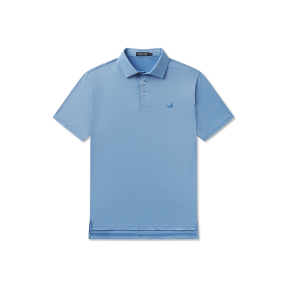 Light blue polo shirt with a brand logo on a white background
