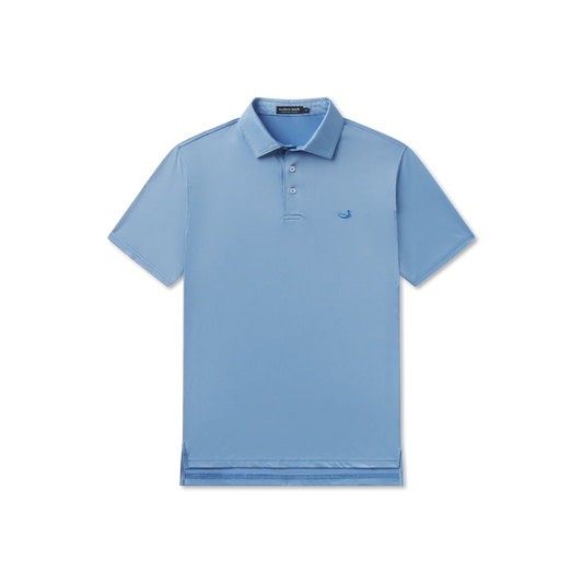 Light blue polo shirt with a brand logo on a white background