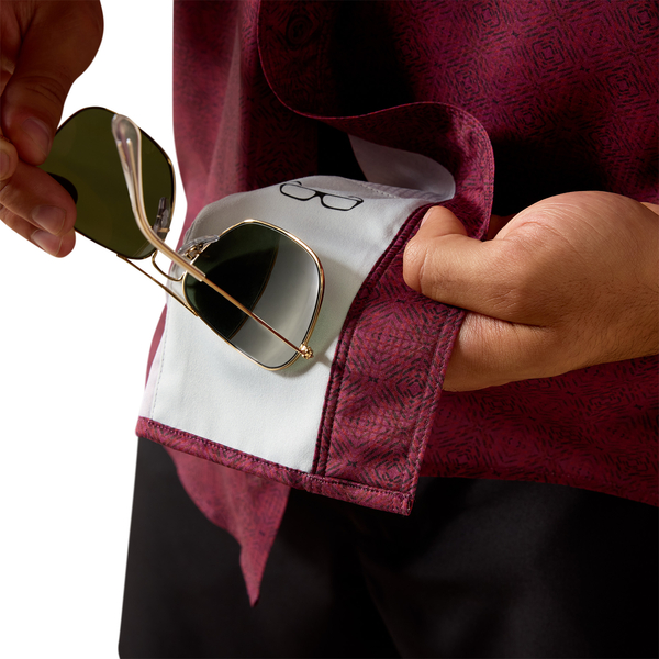 Maroon men's printed long sleeve shirt with sunglasses cleaning cloth inside cuff