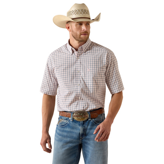 Man wearing a checkered shirt, jeans, and a cowboy hat on a white background