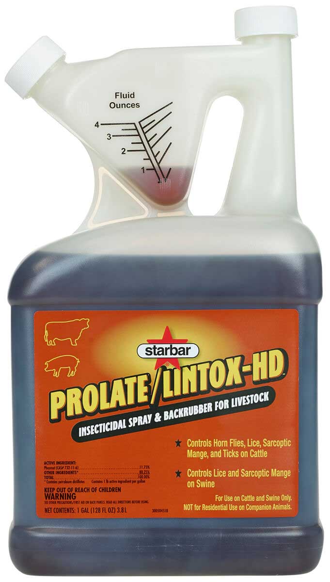 One-gallon jug of Prolate/Lintox-HD insecticidal spray for livestock pest control