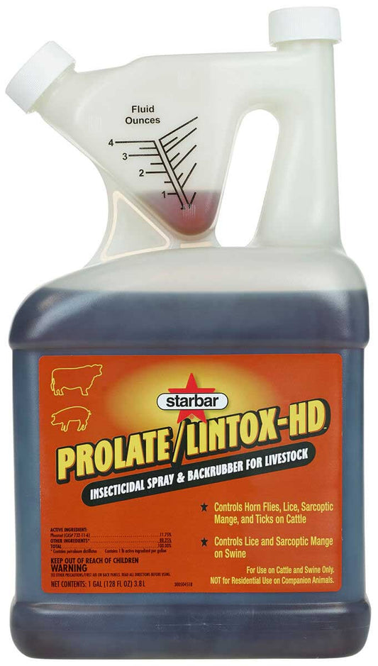 One-gallon jug of Prolate/Lintox-HD insecticidal spray for livestock pest control