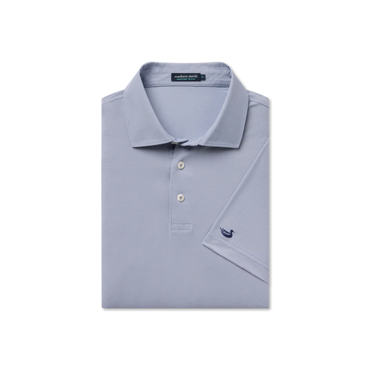 Folded light gray polo shirt with a small logo on a white background