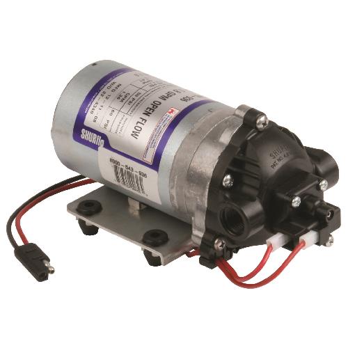 Shurflo 1.8 GPM 60 PSI diaphragm water pump with wiring, mounting base, and label