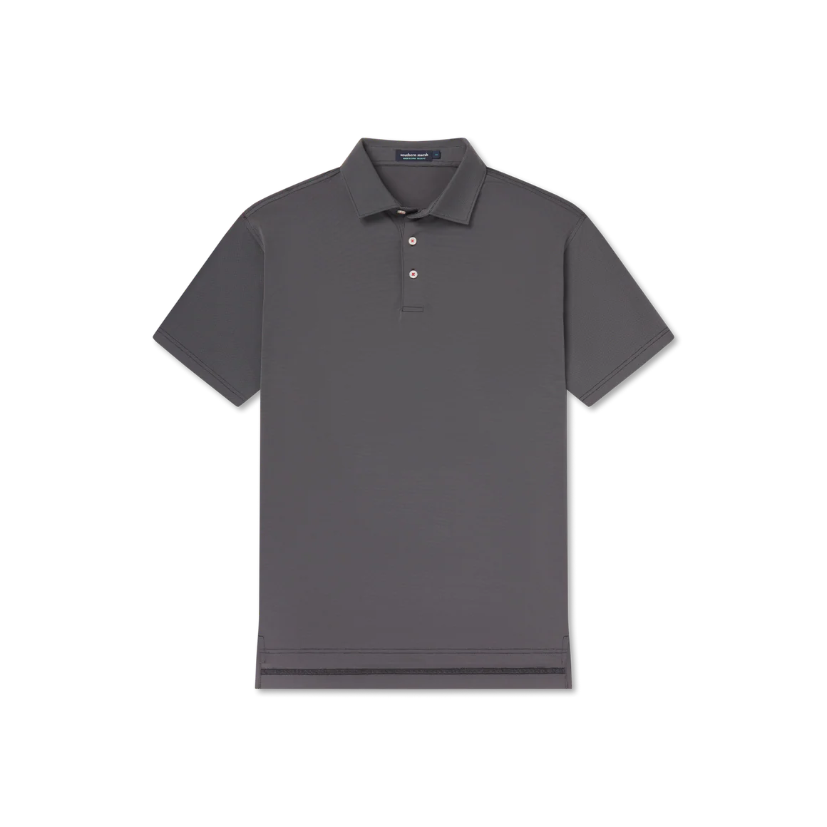 Men's short sleeve black polo shirt with three buttons, laid flat on white background