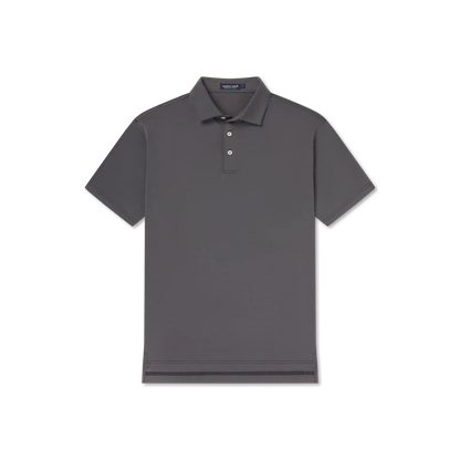 Men's short sleeve black polo shirt with three buttons, laid flat on white background