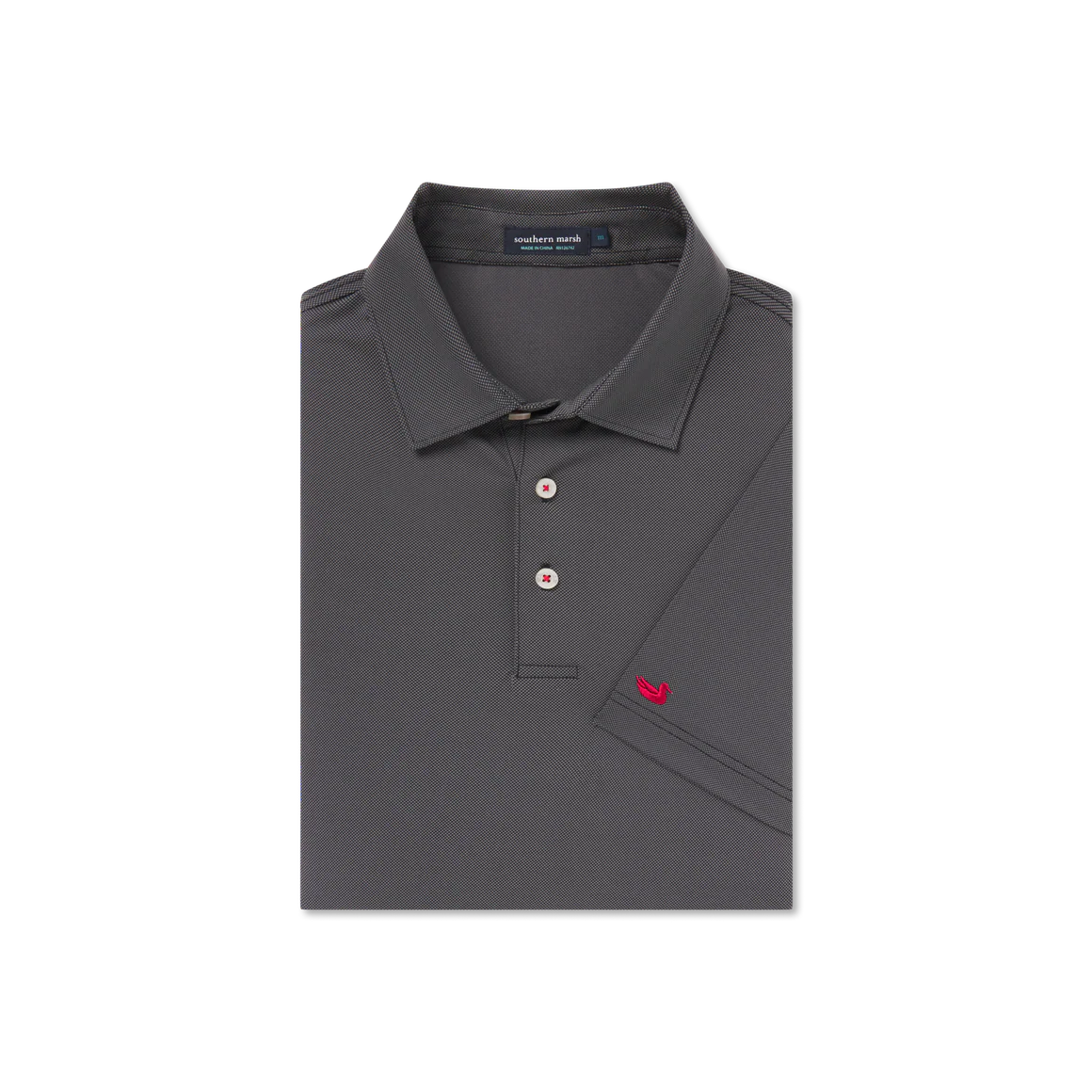 Folded black short sleeve polo shirt with red embroidered logo and three-button placket