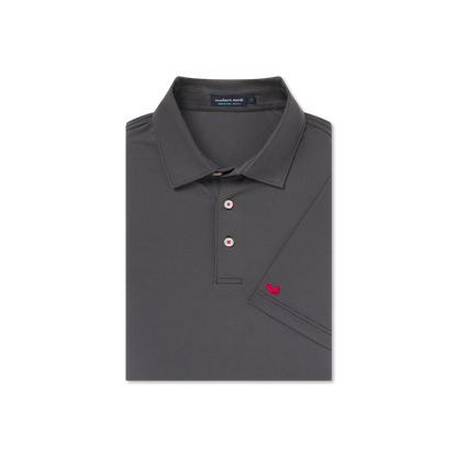 Folded black short sleeve polo shirt with red embroidered logo and three-button placket