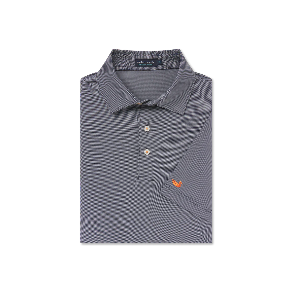 Folded navy blue polo shirt with button collar and orange duck logo on sleeve