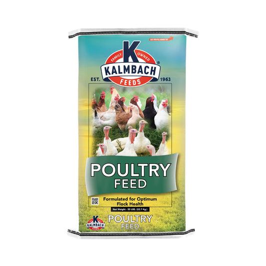 Kalmbach Feeds poultry feed bag with chickens on a grassy field background