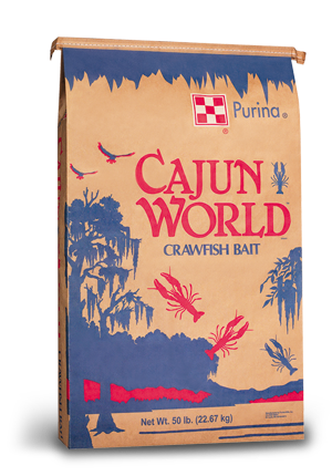 Purina Cajun World Crawfish Bait packaging on a white background