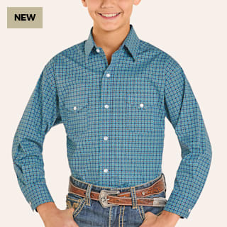 Rough Stock Boys' Peacock Blue Geo Print Long Sleeve Pearl Snap Shirt