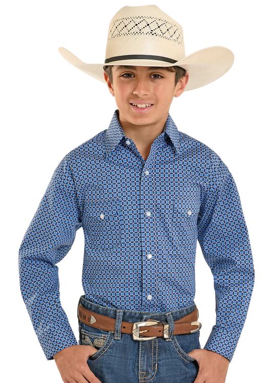 Child wearing a blue patterned shirt, jeans, and a cowboy hat on a white background