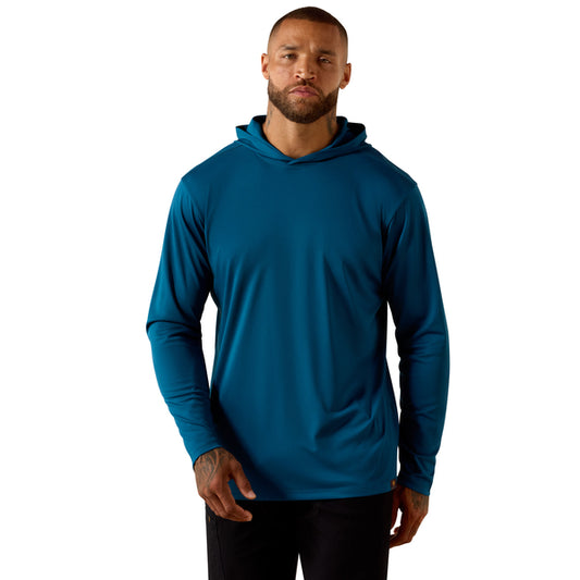 Man wearing a blue hoodie on a white background