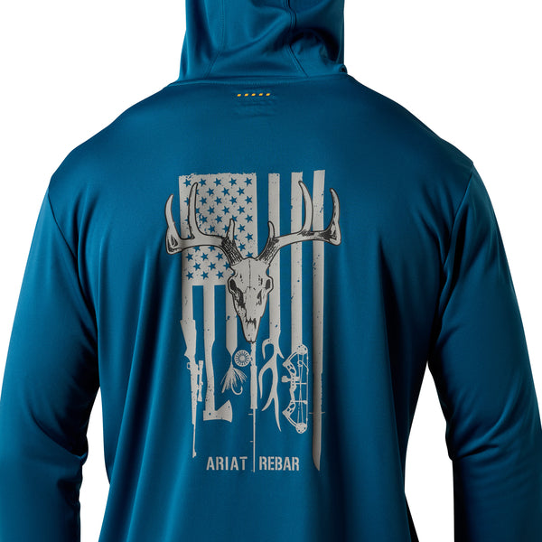 Blue hoodie with a deer skull and American flag design on the back, featuring the Ariat Rebar logo.