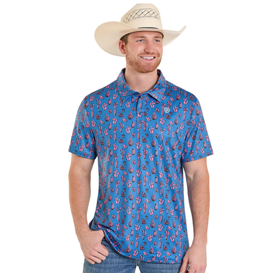 Man wearing a blue patterned shirt and cowboy hat on a white background