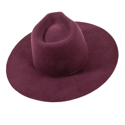 Plum felt fedora hat with wide brim and classic rancher style