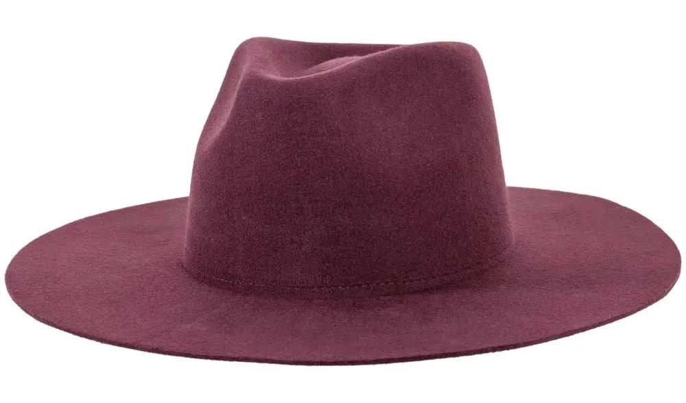 Wide brim felt rancher hat in vivid burgundy color on white background