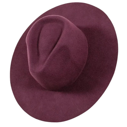 Plum felt wide-brim rancher hat with structured crown, Western cowboy style