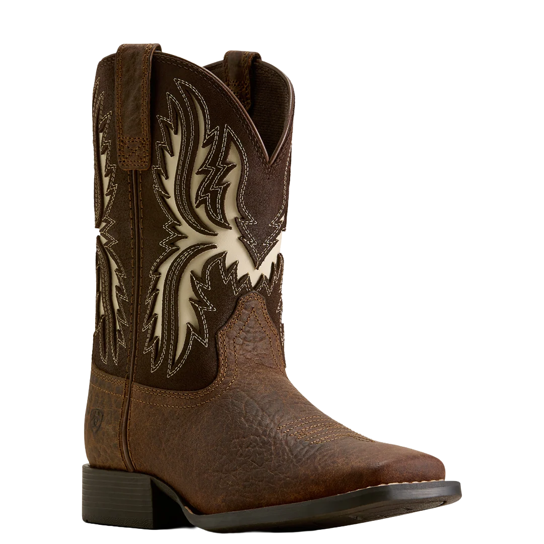 A brown leather cowboy boot with a square toe, dark stacked heel, and cream-colored western embroidery on the shaft, shown against a plain white background.
