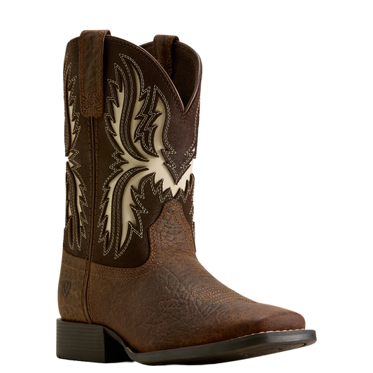 A brown leather cowboy boot with a square toe, dark stacked heel, and cream-colored western embroidery on the shaft, shown against a plain white background.