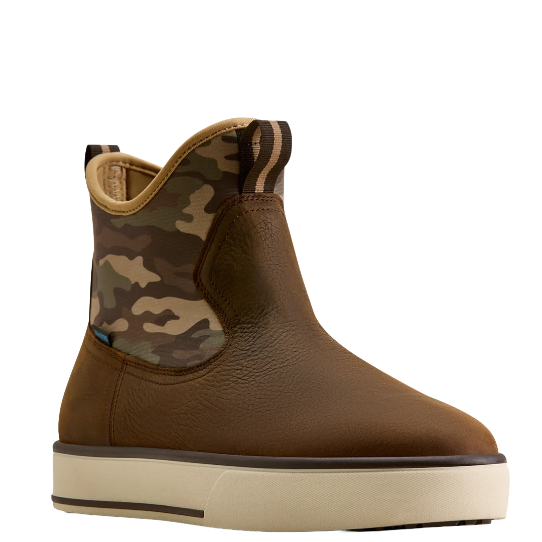 A single ankle boot shown in a side profile on a plain white background. The boot has a brown textured leather upper, a camouflage patterned elastic side panel, and a thick cream-colored platform sole.