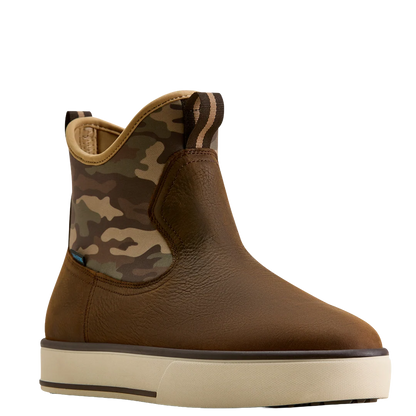 A single ankle boot shown in a side profile on a plain white background. The boot has a brown textured leather upper, a camouflage patterned elastic side panel, and a thick cream-colored platform sole.