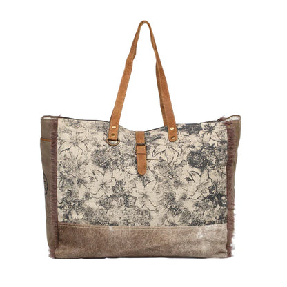 Myra Floweret Weekender Bag for Women – Floral Printed Front, Buckle Closure, Fringed Edges for Travel Chic
