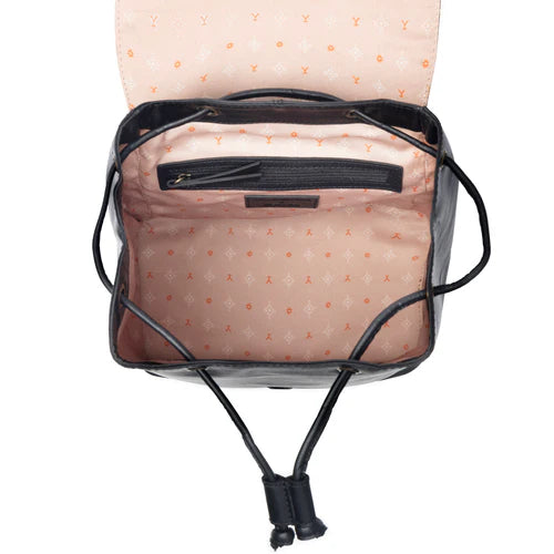Open black backpack with peach patterned interior, zip pocket, and drawstring closure
