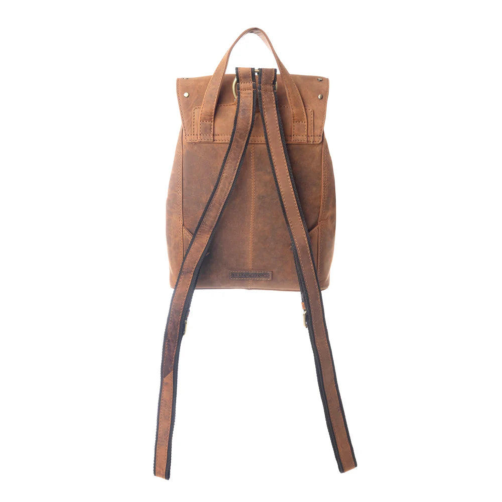 Brown leather backpack with adjustable straps and top handle on white background