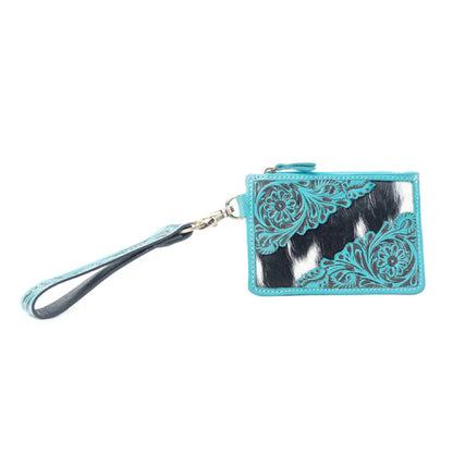 Myra Sage River Handtooled Hairon Leather Card Holder in Frontier Aqua