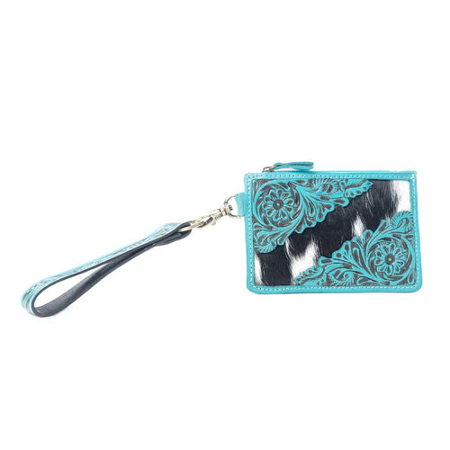 Myra Sage River Handtooled Hairon Leather Card Holder in Frontier Aqua