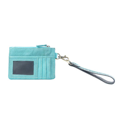 Myra Sage River Handtooled Hairon Leather Card Holder in Frontier Aqua
