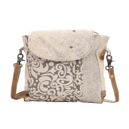 Myra Factual Hairon Leather Messenger Bag – Swirl Canvas, White Hairon Flap, Rustic Straps for Everyday Western Style