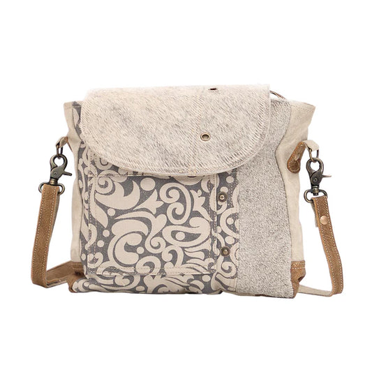 Myra Factual Hairon Leather Messenger Bag – Swirl Canvas, White Hairon Flap, Rustic Straps for Everyday Western Style