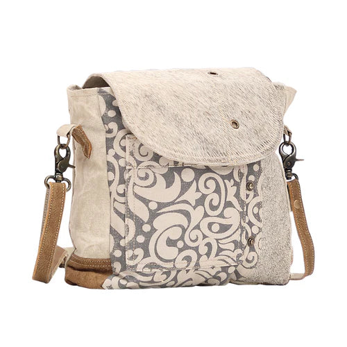 Myra Factual Hairon Leather Messenger Bag – Swirl Canvas, White Hairon Flap, Rustic Straps for Everyday Western Style