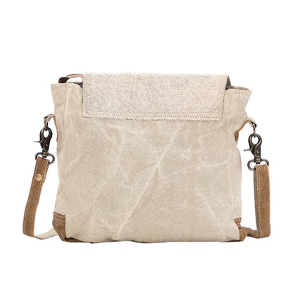 Myra Factual Hairon Leather Messenger Bag – Swirl Canvas, White Hairon Flap, Rustic Straps for Everyday Western Style