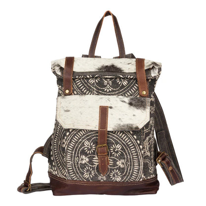 Myra Vibe with Me Hairon Canvas Backpack for Women – Mandala Print, Leather Straps for Boho Travel & Western Day Trips