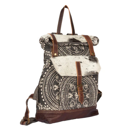 Myra Vibe with Me Hairon Canvas Backpack for Women – Mandala Print, Leather Straps for Boho Travel & Western Day Trips