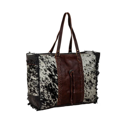 Myra Rosalinda Cross Stitched Hairon Leather Weekender Bag - Spacious Travel Tote with Stitch Trim and Durable Shoulder Straps