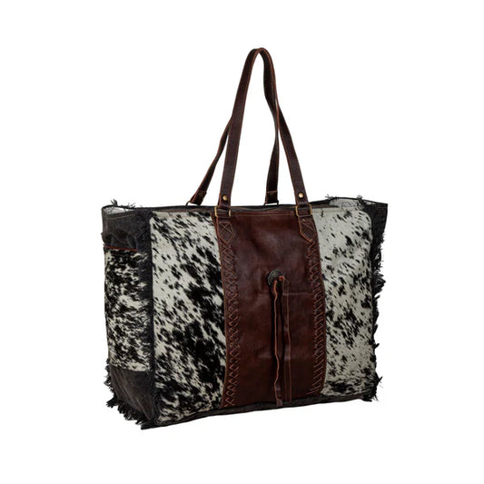 Myra Rosalinda Cross Stitched Hairon Leather Weekender Bag - Spacious Travel Tote with Stitch Trim and Durable Shoulder Straps