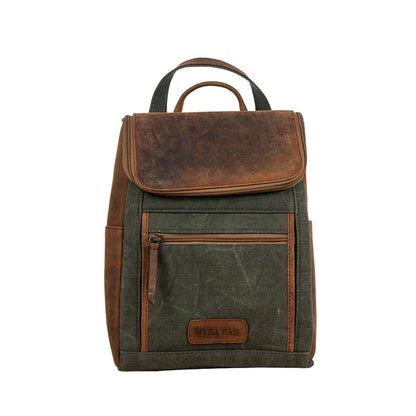 Myra Carriage Port Slimline Backpack - Aged Leather Flap, Rustic Daypack for Daily Commute & Outdoor Travel