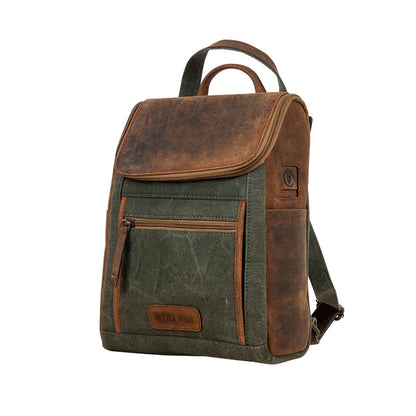 Myra Carriage Port Slimline Backpack - Aged Leather Flap, Rustic Daypack for Daily Commute & Outdoor Travel