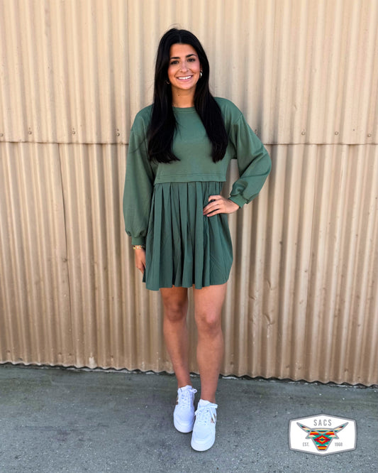 She + Sky - Long Sleeve Pleated Green Dress SY7302